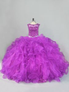 Fabulous Purple Ball Gowns Scoop Sleeveless Tulle Floor Length Lace Up Beading and Ruffles Quinceanera Gowns