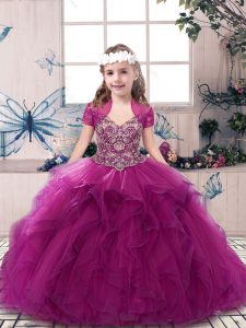 Fuchsia Tulle Lace Up Straps Sleeveless Floor Length Pageant Dress Womens Beading and Ruffles