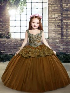 Brown Pageant Dress Party and Military Ball and Wedding Party with Beading and Appliques Straps Sleeveless Lace Up