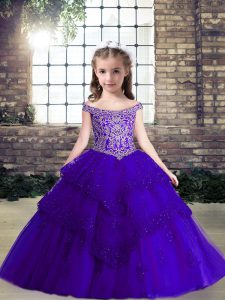 Graceful Floor Length Lace Up Pageant Gowns For Girls Purple for Party and Wedding Party with Beading and Lace and Appliques