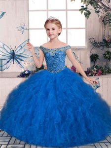 Sleeveless Floor Length Beading and Ruffles Lace Up Pageant Dress with Blue