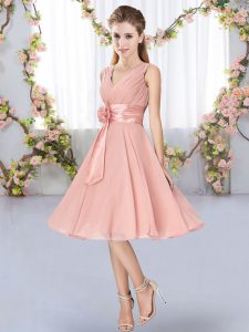 Adorable Pink Lace Up V-neck Hand Made Flower Quinceanera Court Dresses Chiffon Sleeveless