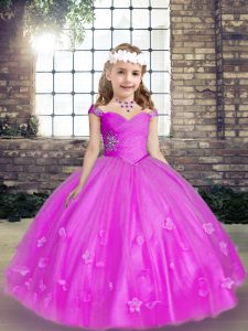 Straps Sleeveless Tulle Pageant Dress Toddler Beading and Hand Made Flower Lace Up