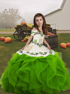 Trendy Green Little Girl Pageant Dress Party and Wedding Party with Embroidery and Ruffles Straps Sleeveless Lace Up