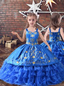 Royal Blue Lace Up Straps Embroidery and Ruffled Layers Kids Formal Wear Satin and Organza Sleeveless