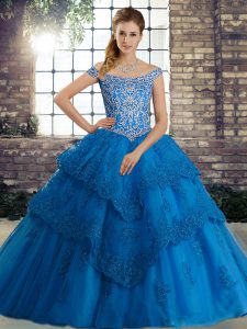 Inexpensive Off The Shoulder Sleeveless 15 Quinceanera Dress Brush Train Beading and Lace Blue Tulle