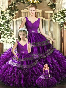 Customized Purple Ball Gowns Organza V-neck Sleeveless Beading and Embroidery and Ruffles Floor Length Backless Quinceanera Gowns