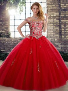 Sumptuous Red Sleeveless Tulle Lace Up Quinceanera Dress for Military Ball and Sweet 16 and Quinceanera
