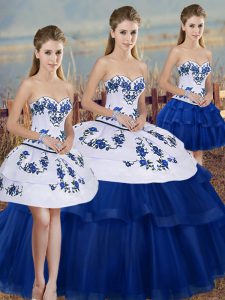 Floor Length Royal Blue 15th Birthday Dress Tulle Sleeveless Embroidery and Bowknot