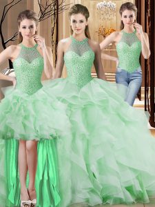Extravagant Apple Green Quince Ball Gowns Sweet 16 and Quinceanera with Beading and Ruffles Halter Top Sleeveless Brush Train Lace Up