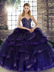 Sweet Purple Tulle Lace Up Quinceanera Dress Sleeveless Floor Length Beading and Ruffles