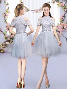 Clearance High-neck Sleeveless Dama Dress for Quinceanera Mini Length Lace and Belt Grey Tulle