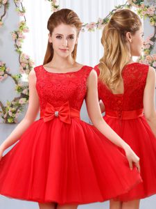 Spectacular Red Lace Up Scoop Lace and Bowknot Dama Dress Tulle Sleeveless