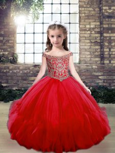 Attractive Tulle Off The Shoulder Sleeveless Lace Up Beading Kids Formal Wear in Red