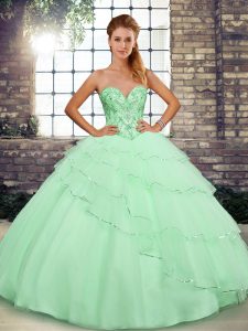 Fine Sweetheart Sleeveless Tulle 15 Quinceanera Dress Beading and Ruffled Layers Brush Train Lace Up