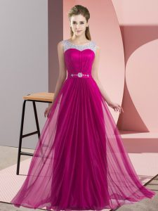 Exceptional Fuchsia Chiffon Lace Up Court Dresses for Sweet 16 Sleeveless Floor Length Beading