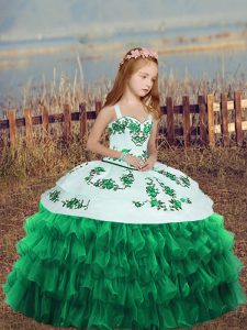 Organza Straps Sleeveless Lace Up Embroidery and Ruffled Layers Kids Pageant Dress in Turquoise