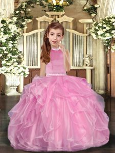 Elegant Floor Length Lace Up Kids Formal Wear Baby Pink for Party and Sweet 16 and Wedding Party with Beading and Ruffles