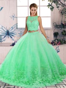 Turquoise Ball Gown Prom Dress Military Ball and Sweet 16 and Quinceanera with Lace Scalloped Sleeveless Sweep Train Backless