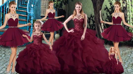 Burgundy Sleeveless Beading and Ruffles Lace Up Quinceanera Gown