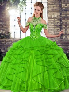Beautiful Green Sleeveless Tulle Lace Up Quinceanera Gowns for Military Ball and Sweet 16 and Quinceanera