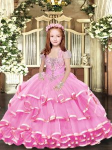 Beautiful Lilac Child Pageant Dress Party and Wedding Party with Beading and Ruffled Layers Straps Sleeveless Lace Up