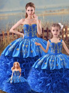 Sleeveless Embroidery and Ruffles Zipper 15 Quinceanera Dress with Royal Blue Brush Train