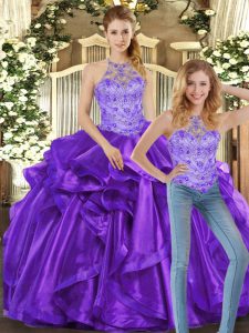 High Quality Sleeveless Floor Length Beading and Ruffles Lace Up Sweet 16 Dresses with Purple