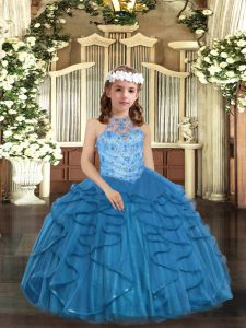 Sleeveless Tulle Floor Length Lace Up Child Pageant Dress in Blue with Beading and Ruffles