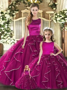 Fantastic Sleeveless Tulle Floor Length Lace Up Sweet 16 Dress in Fuchsia with Ruffles