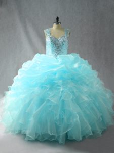Sweet Aqua Blue Ball Gowns Straps Sleeveless Tulle Zipper Beading and Ruffles Quinceanera Gown