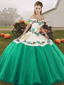 Turquoise Organza Lace Up Quince Ball Gowns Sleeveless Floor Length Embroidery
