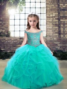 Floor Length Ball Gowns Sleeveless Aqua Blue Pageant Dress for Girls Lace Up