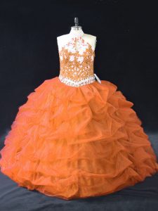 Orange Organza Backless Halter Top Sleeveless Floor Length Quince Ball Gowns Pick Ups