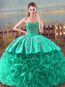 Hot Sale Turquoise Quinceanera Dress Sweet 16 and Quinceanera with Embroidery and Ruffles Sweetheart Sleeveless Brush Train Lace Up