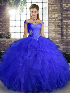 Admirable Sleeveless Floor Length Beading and Ruffles Lace Up 15th Birthday Dress with Royal Blue