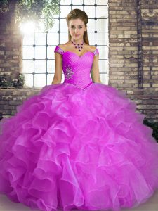 Lilac Organza Lace Up Off The Shoulder Sleeveless Floor Length Military Ball Dresses Beading and Ruffles