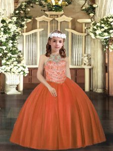 Latest Ball Gowns Little Girls Pageant Dress Rust Red Halter Top Tulle Sleeveless Floor Length Lace Up