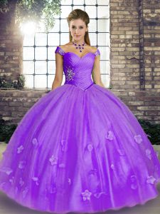 Sleeveless Floor Length Beading and Appliques Lace Up Ball Gown Prom Dress with Lavender