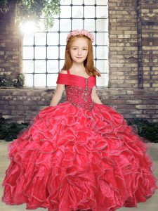 Red Lace Up Pageant Dress Wholesale Beading and Ruffles Sleeveless Floor Length