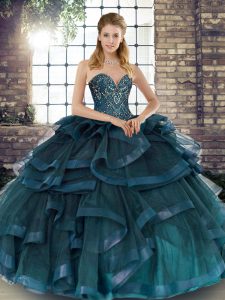 Hot Selling Teal Ball Gowns Beading and Ruffles Quinceanera Dress Lace Up Tulle Sleeveless Floor Length