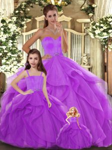 Graceful Lilac Sleeveless Floor Length Beading and Ruffles Lace Up Vestidos de Quinceanera