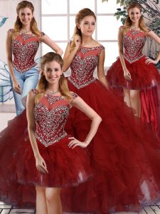 On Sale Burgundy Sleeveless Organza Zipper Quince Ball Gowns for Military Ball and Sweet 16 and Quinceanera