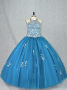 Blue Sleeveless Beading and Appliques Floor Length Ball Gown Prom Dress