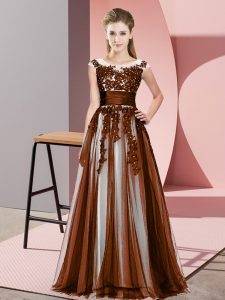 Popular Brown Tulle Zipper Scoop Sleeveless Floor Length Court Dresses for Sweet 16 Beading and Lace