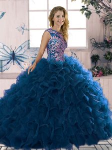 Glittering Royal Blue Ball Gowns Organza Scoop Sleeveless Beading and Ruffles Floor Length Lace Up Quinceanera Gowns