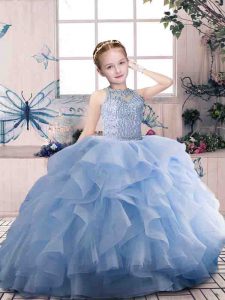 Lavender Pageant Gowns For Girls Party and Sweet 16 and Wedding Party with Beading and Ruffles Scoop Sleeveless Zipper