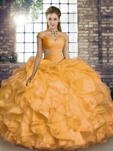 Off The Shoulder Sleeveless Organza Quince Ball Gowns Beading and Ruffles Lace Up