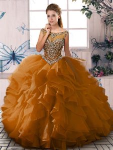 Super Brown Organza Lace Up Scoop Sleeveless Floor Length Sweet 16 Quinceanera Dress Beading and Ruffles