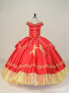 Inexpensive Red Sleeveless Floor Length Embroidery Lace Up Quinceanera Gown